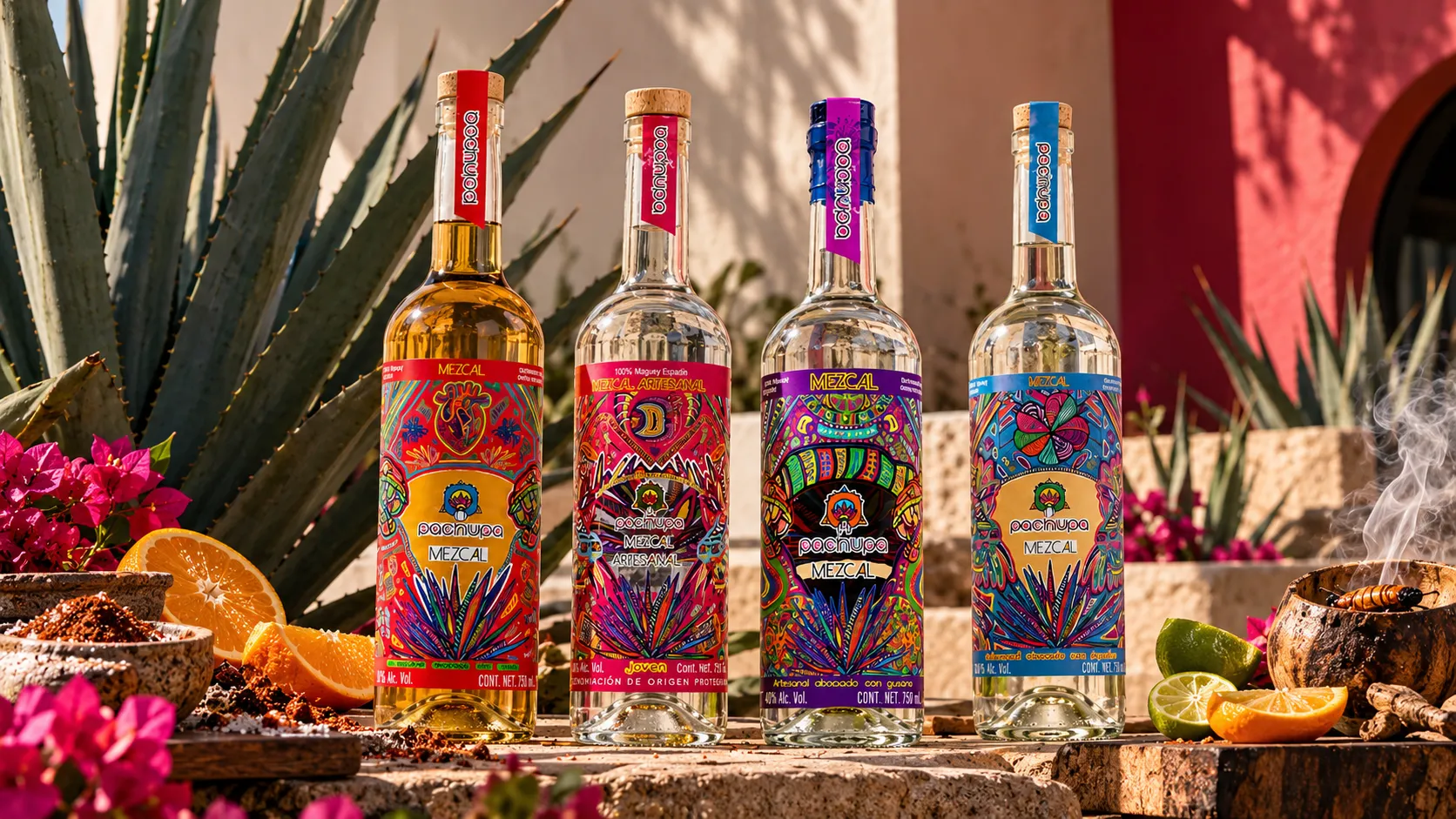 Botellas Pachupa entre agaves y flores